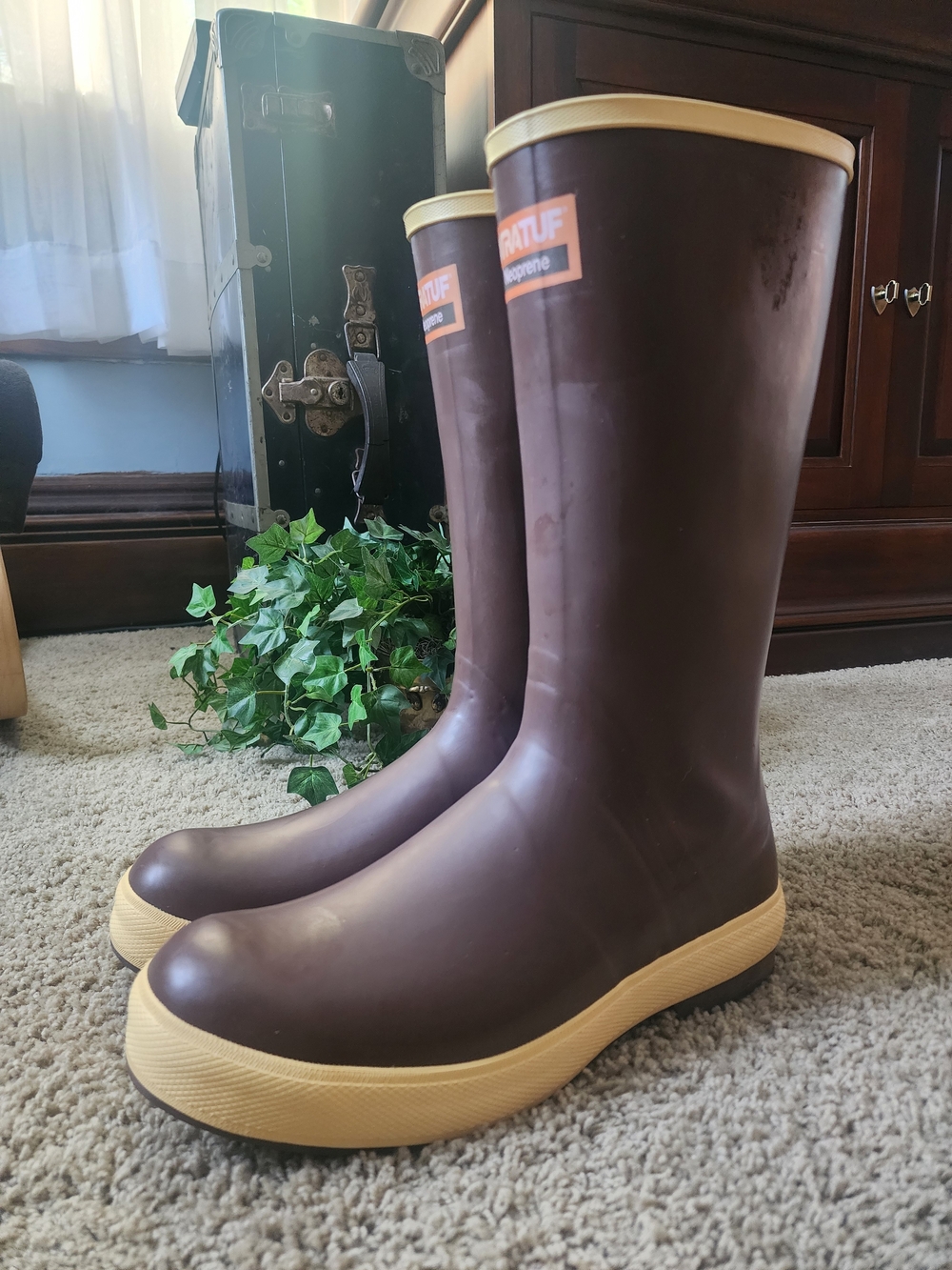 Men's Waterproof Brown Rain Boots with Contrasting Tan Sole